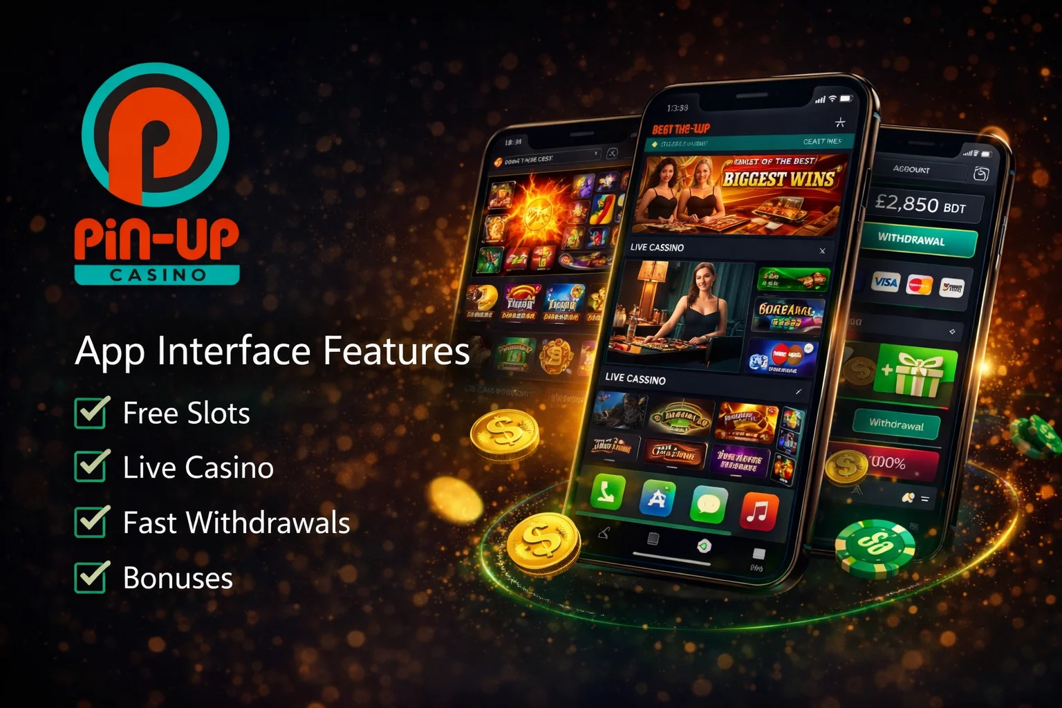 Pin Up Casino mobile app interface — games, betting, and deposits on Android