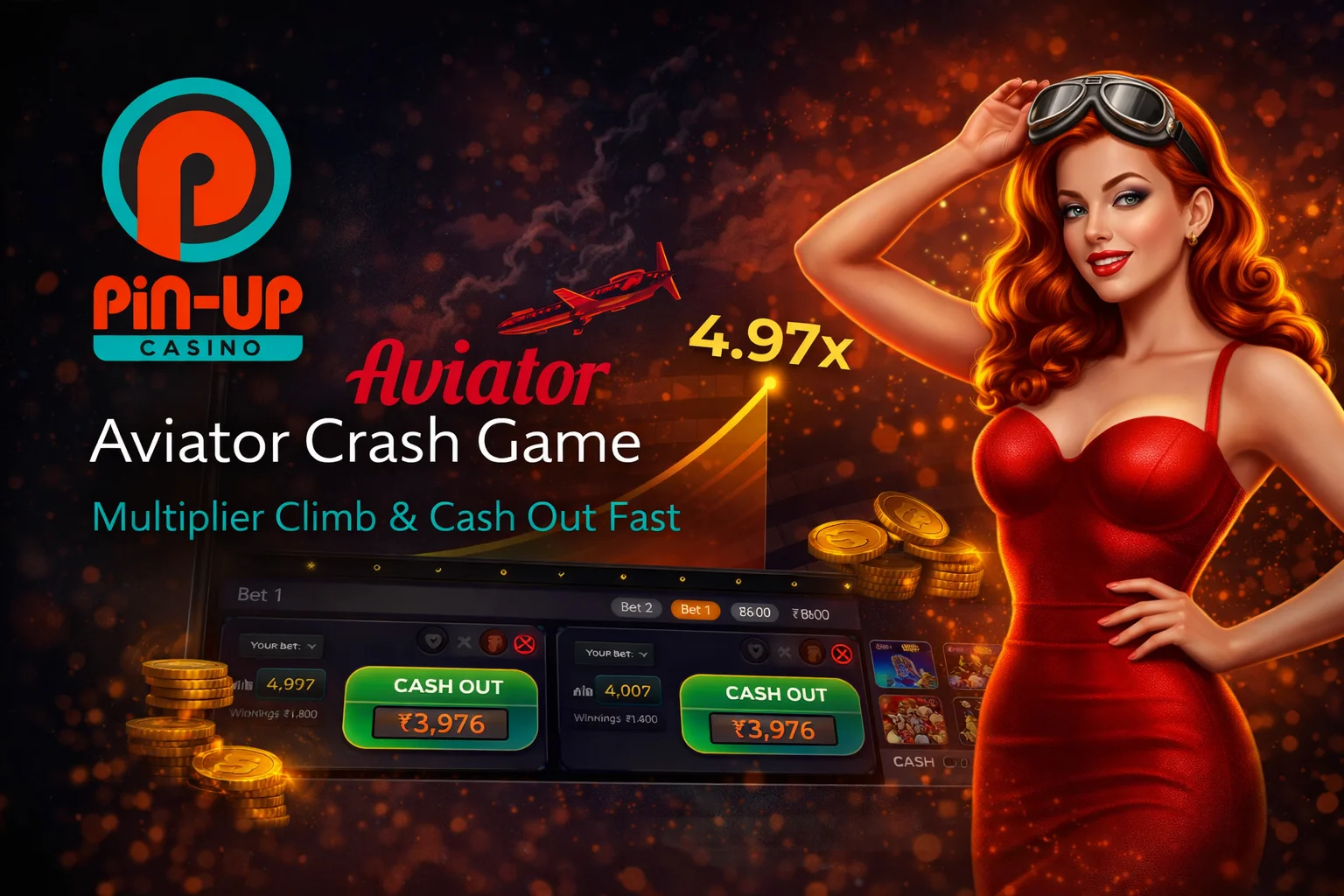 Aviator crash game at Pin Up Casino — plane flying with multiplier and cash out button