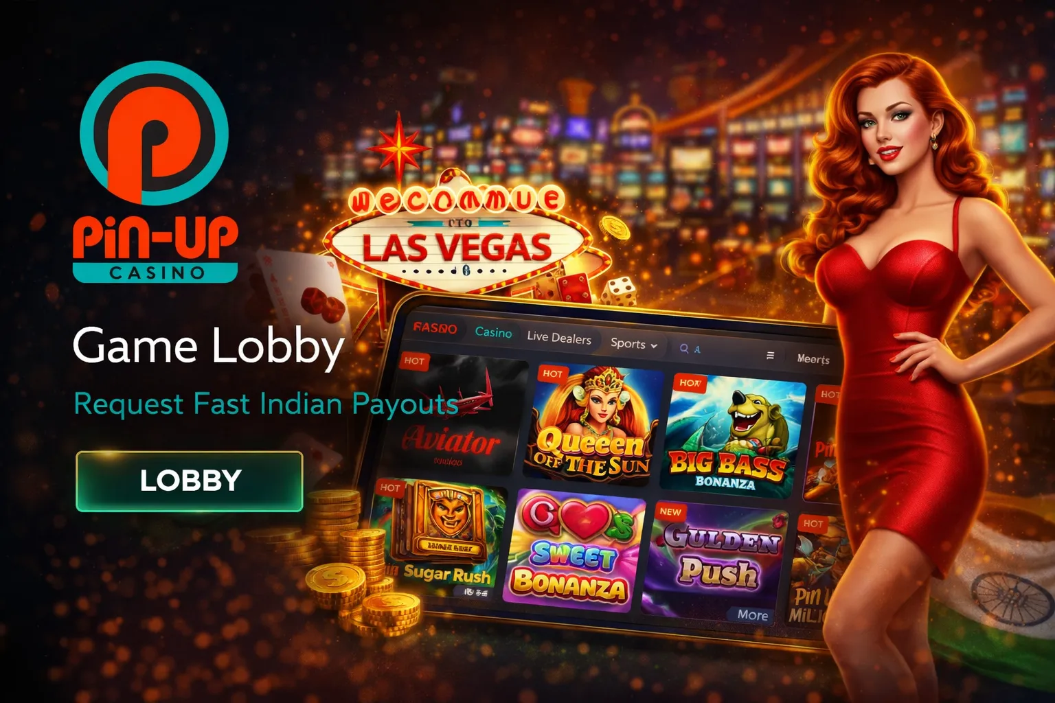 Pin Up Casino game lobby — slots, live casino, crash games categories