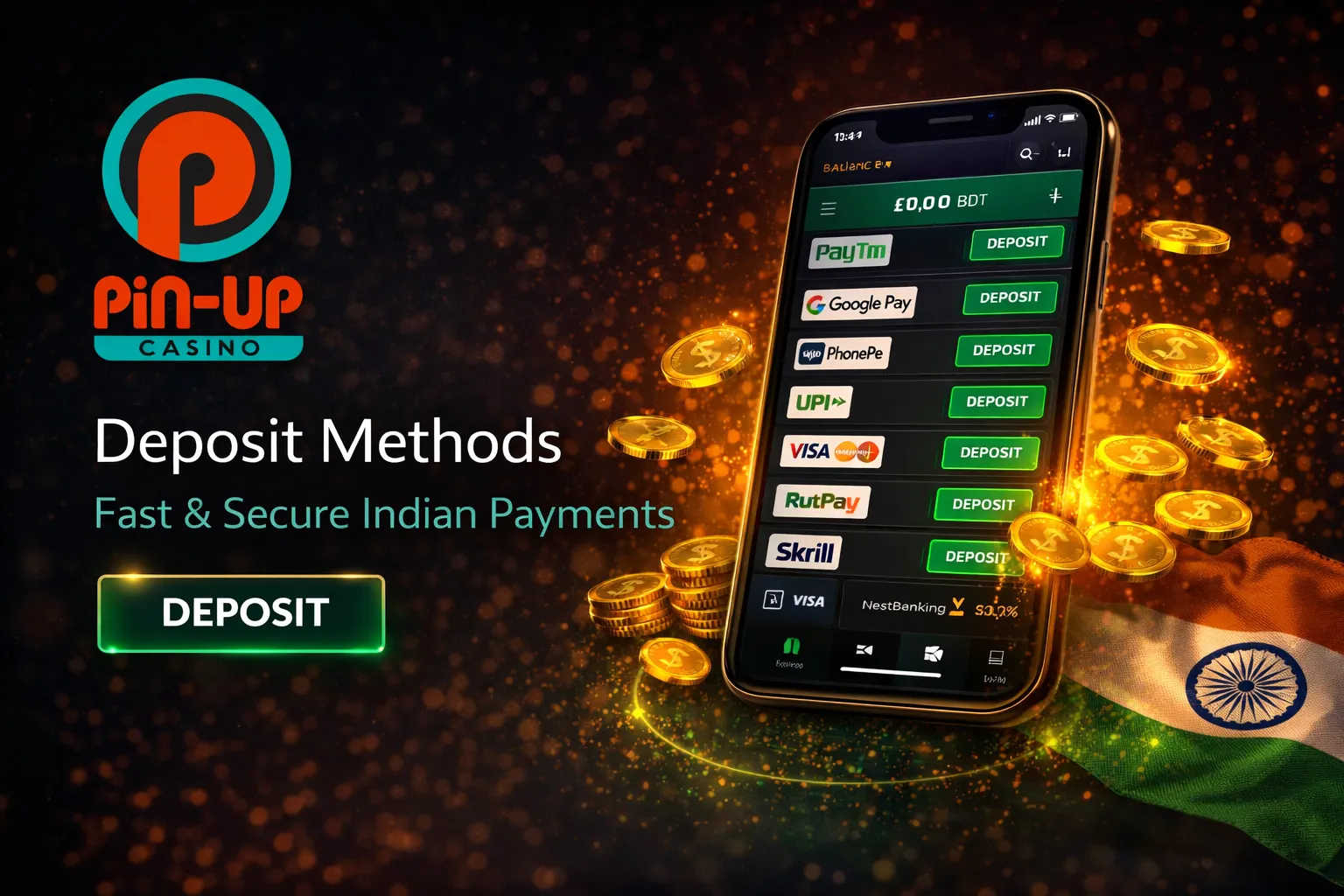 Pin Up Casino deposit methods for India — UPI, Paytm, PhonePe, Google Pay, Crypto