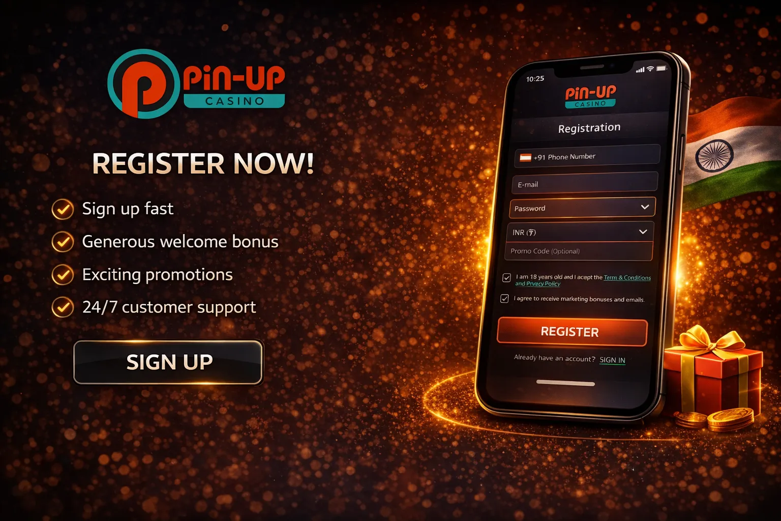Pin Up Casino registration form — sign up by phone number with INR currency