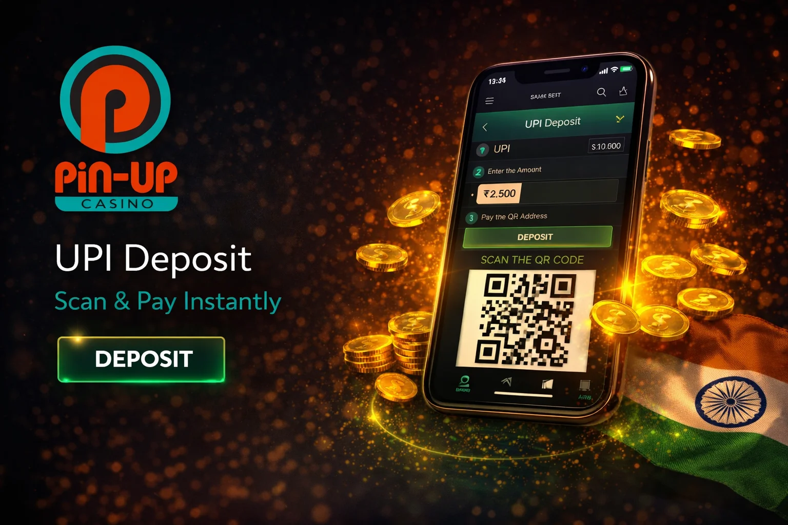 Pin Up Casino UPI deposit process — QR code scan and instant payment confirmation