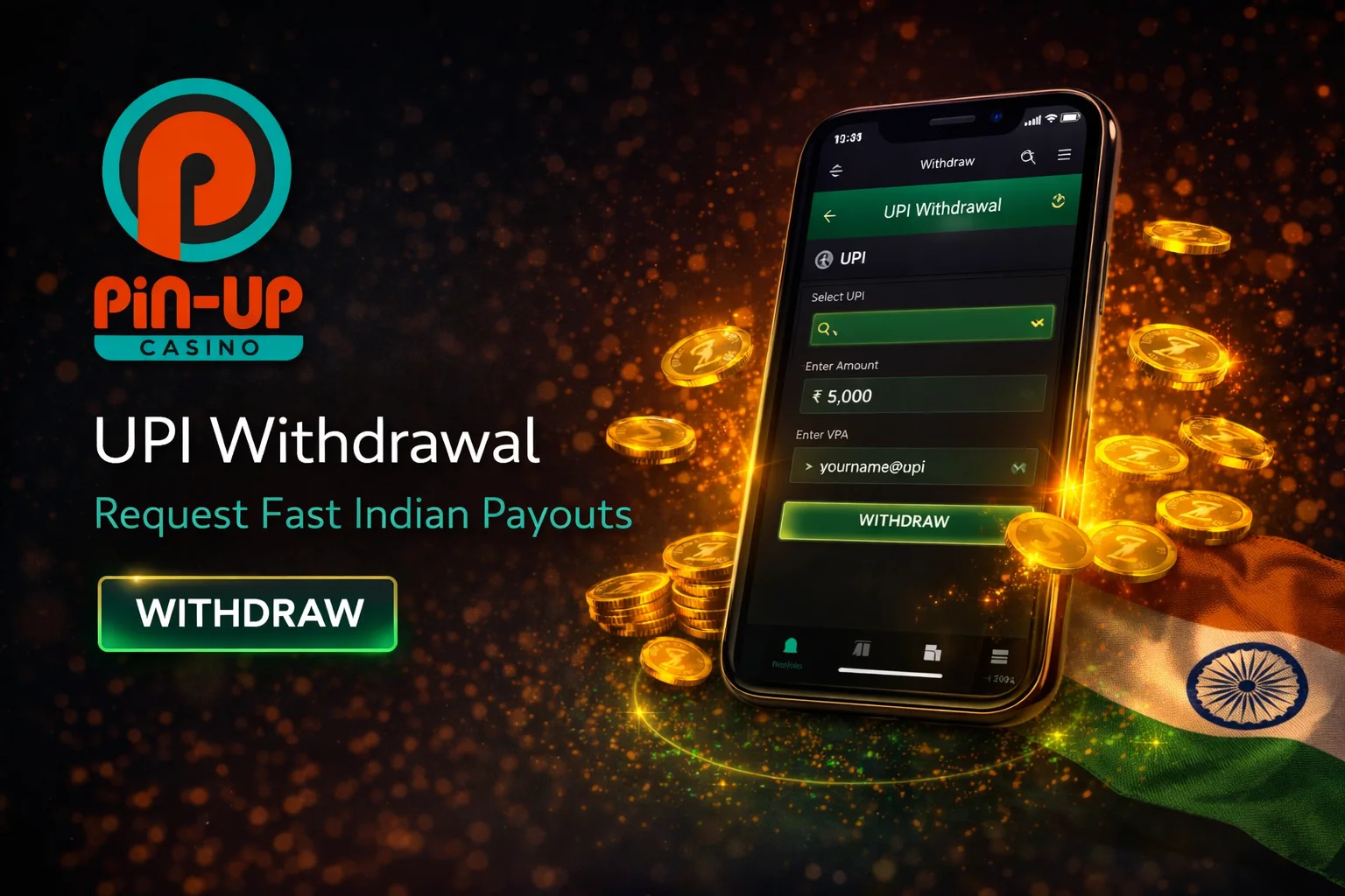 Pin Up Casino withdrawal request — selecting UPI method and entering amount